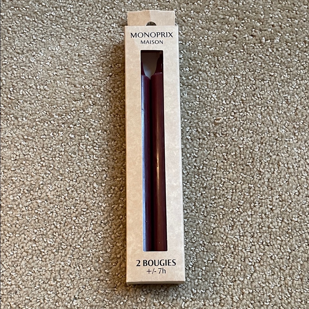 Monoprix Maison Maroon Taper Candles, set of 2. From France